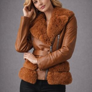 Women's Brown Faux Fur Leather Jacket